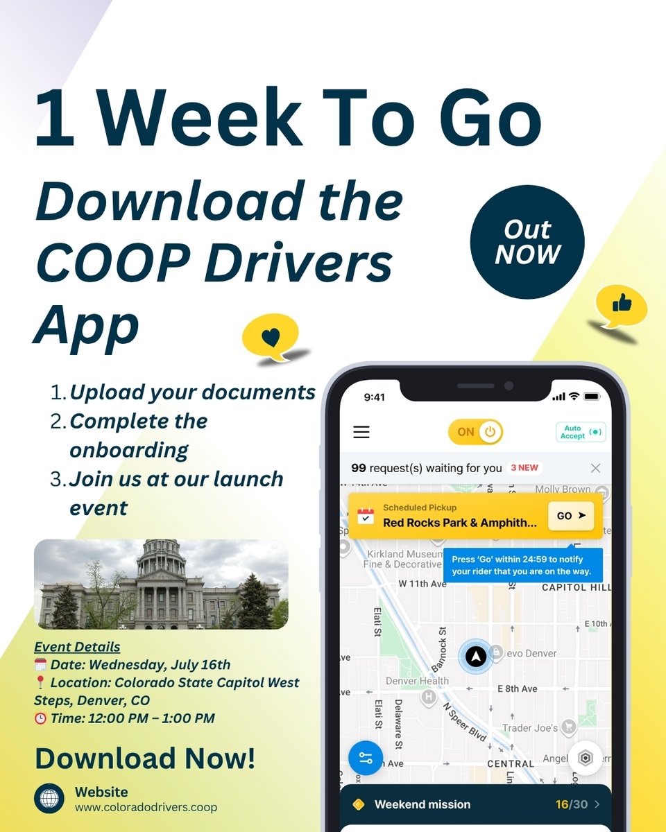 🚗 Have you joined the new COOP Drivers app yet? Better tools, smoother payouts, more control.
📅 One week until our big relaunch!
Join us July 16, 12PM–1PM at the Colorado Capitol to celebrate!
👉 f.mtr.cool/vsygzwmkfb
#DriversCoop #JoinTheMovement