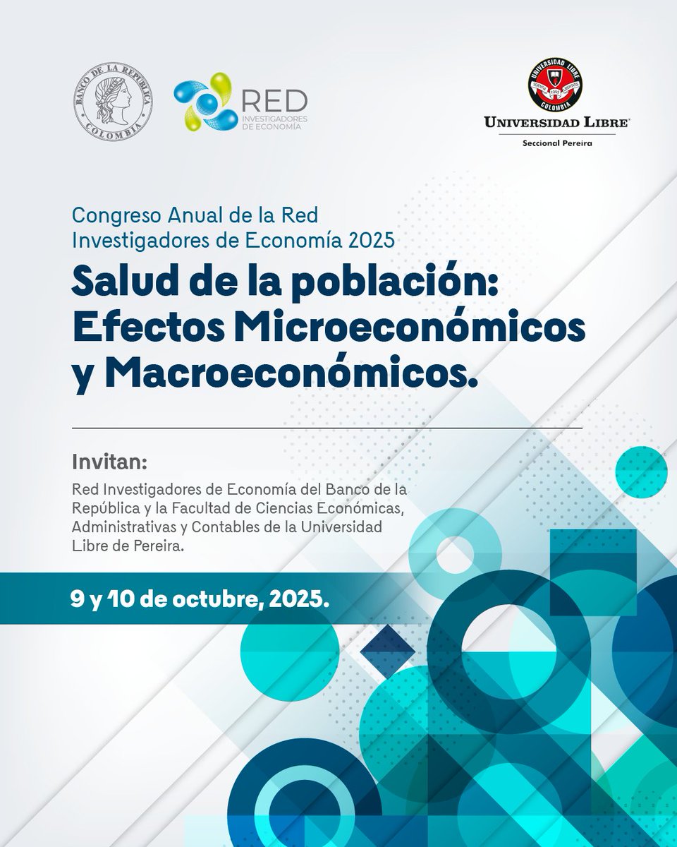 Red Investigadores de Economía (@economia_red) on Twitter photo 😱¡QUEDAN POCOS DÍAS!😱
🚨¿Ya mandaste tu trabajo para participar en el #CongresoAnualdelaRed? <a href="/BancoRepublica/">Banco República 🇨🇴</a>
👉Junto a <a href="/UnilibreP/">Unilibre Pereira</a> estaremos hablando sobre economía de la salud: aseguramiento, envejecimiento de la población, impactos de los choques de salud, entre otros 🤓👇 😱¡QUEDAN POCOS DÍAS!😱
🚨¿Ya mandaste tu trabajo para participar en el #CongresoAnualdelaRed? <a href="/BancoRepublica/">Banco República 🇨🇴</a>
👉Junto a <a href="/UnilibreP/">Unilibre Pereira</a> estaremos hablando sobre economía de la salud: aseguramiento, envejecimiento de la población, impactos de los choques de salud, entre otros 🤓👇