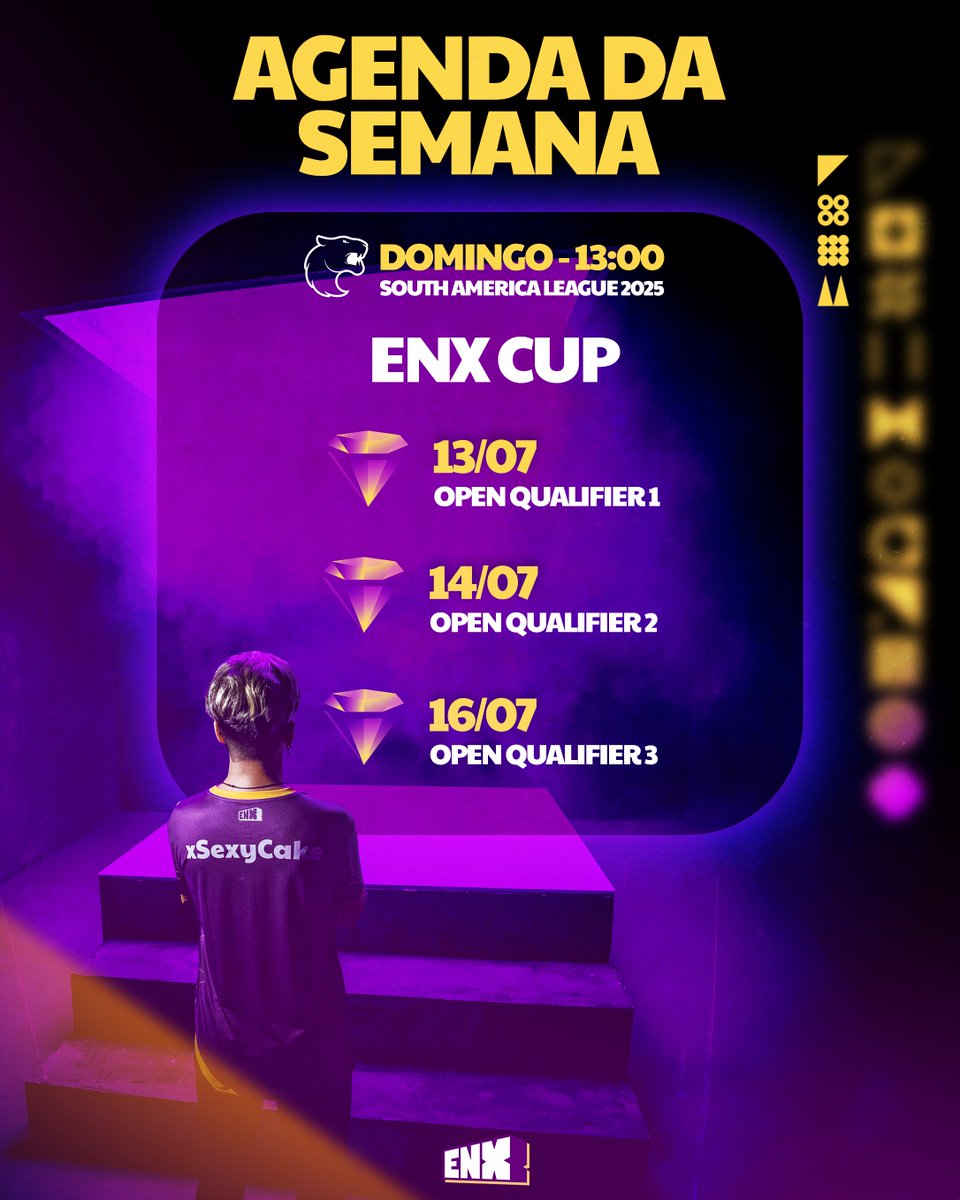 AGENDA DA SEMANA

🗓️Domingo - 13h: Último jogo da SAL 2025, fechando essa season, será contra a <a href="/FURIA/">FURIA</a> 

💎 ENX CUP
13/07 - Open Qualifier 1
14/07 - Open Qualifier 2
16/07 - Open Qualifier 3

E você, já se inscreveu para o nosso campeonato? Bora garantir sua vaga! 🏆