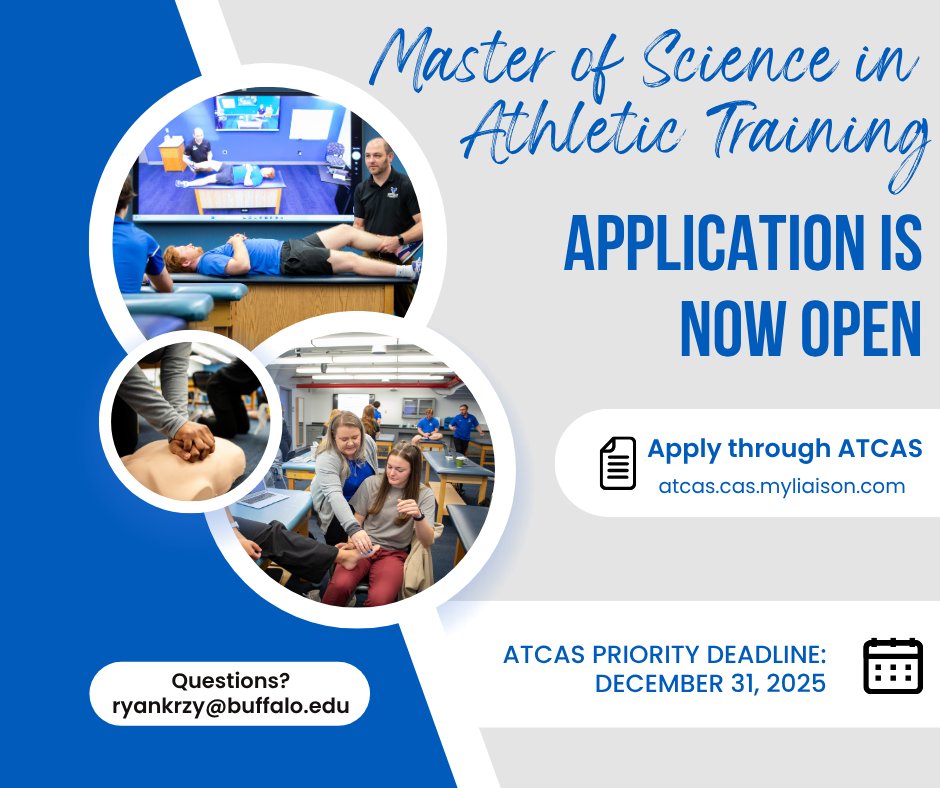 Buffalo_AT's tweet image. 🎉 Now accepting applications for Summer 2026!
With 70+ weeks of clinical education in settings from physician offices to D1 and pro sports, UB is where future athletic trainers train for anything.
Apply now 👉 tinyurl.com/2529ajff
#UBuffalo #UBSPHHP #TrainToBeAnAT