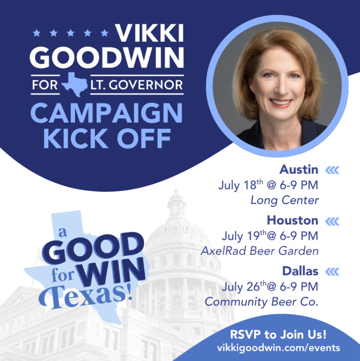 VikkiGoodwinTX's tweet image. Next Friday, we officially launch our campaign for Lt. Governor, and I can’t think of anywhere I’d rather be than with YOU, the people who will help us build a better Texas.
When: July 18th, 6 to 9 PM
Where: Kodosky Donor Lounge @ The Long Center
701 W. Riverside Drive, Austin…
