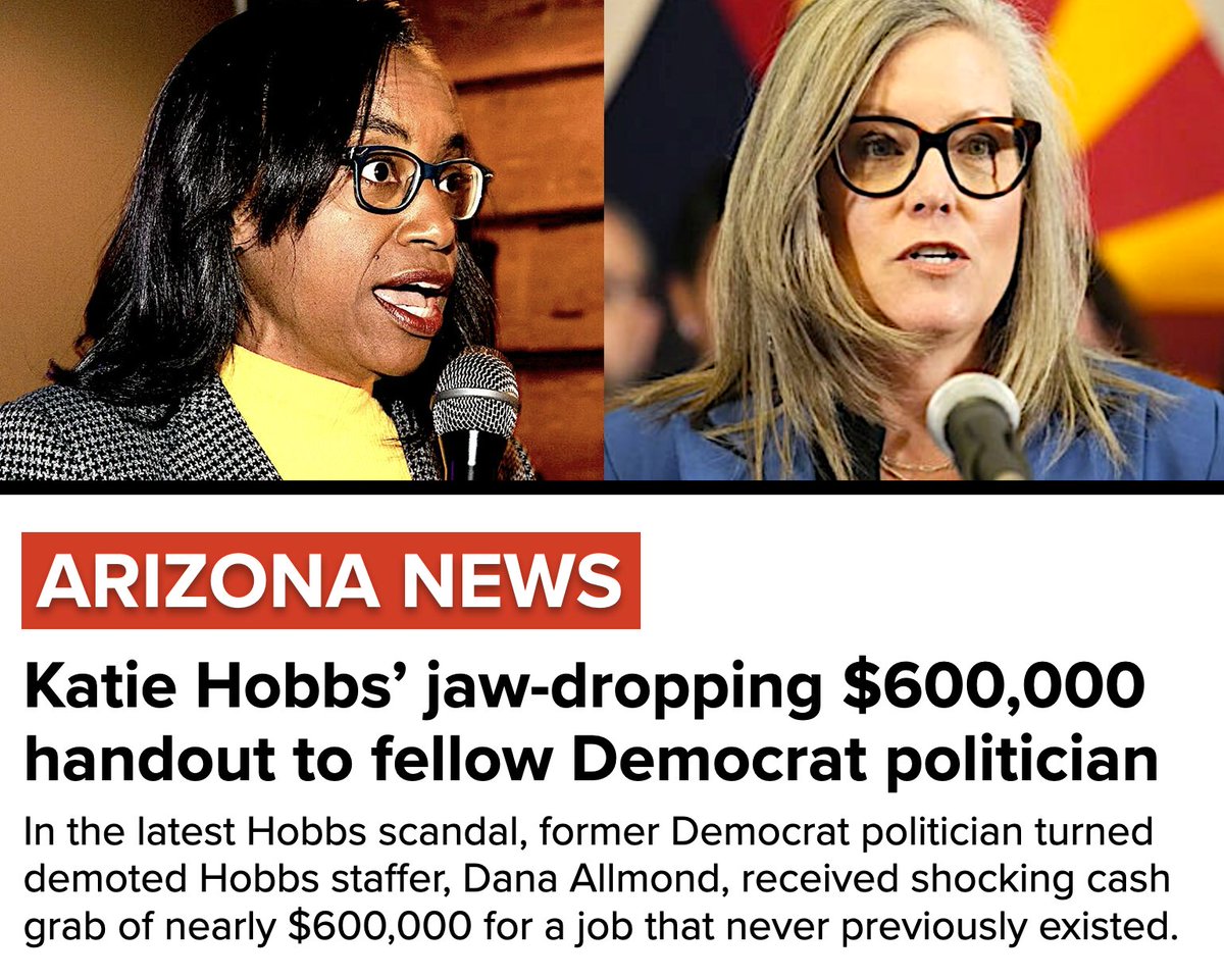🚨NEW ARIZONA SCANDAL🚨

@KatieHobbs nominated fellow Dem politician, Dana Allmond, for a cushy gov't job.

Then Katie DEMOTED her.

Then Katie invented a job that's never existed before for her.

Then Katie paid her &amp; her asst. nearly $600,000 of YOUR money!

FULL STATEMENT: