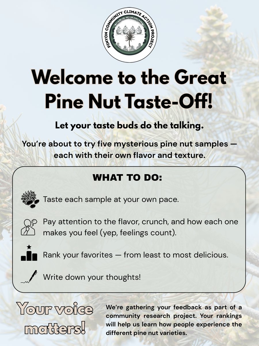 RSVP FOR THE GREAT PINE NUT TASTE-OFF docs.google.com/forms/d/e/1FAI…
Put your taste buds to good for research in our local ecosystem!