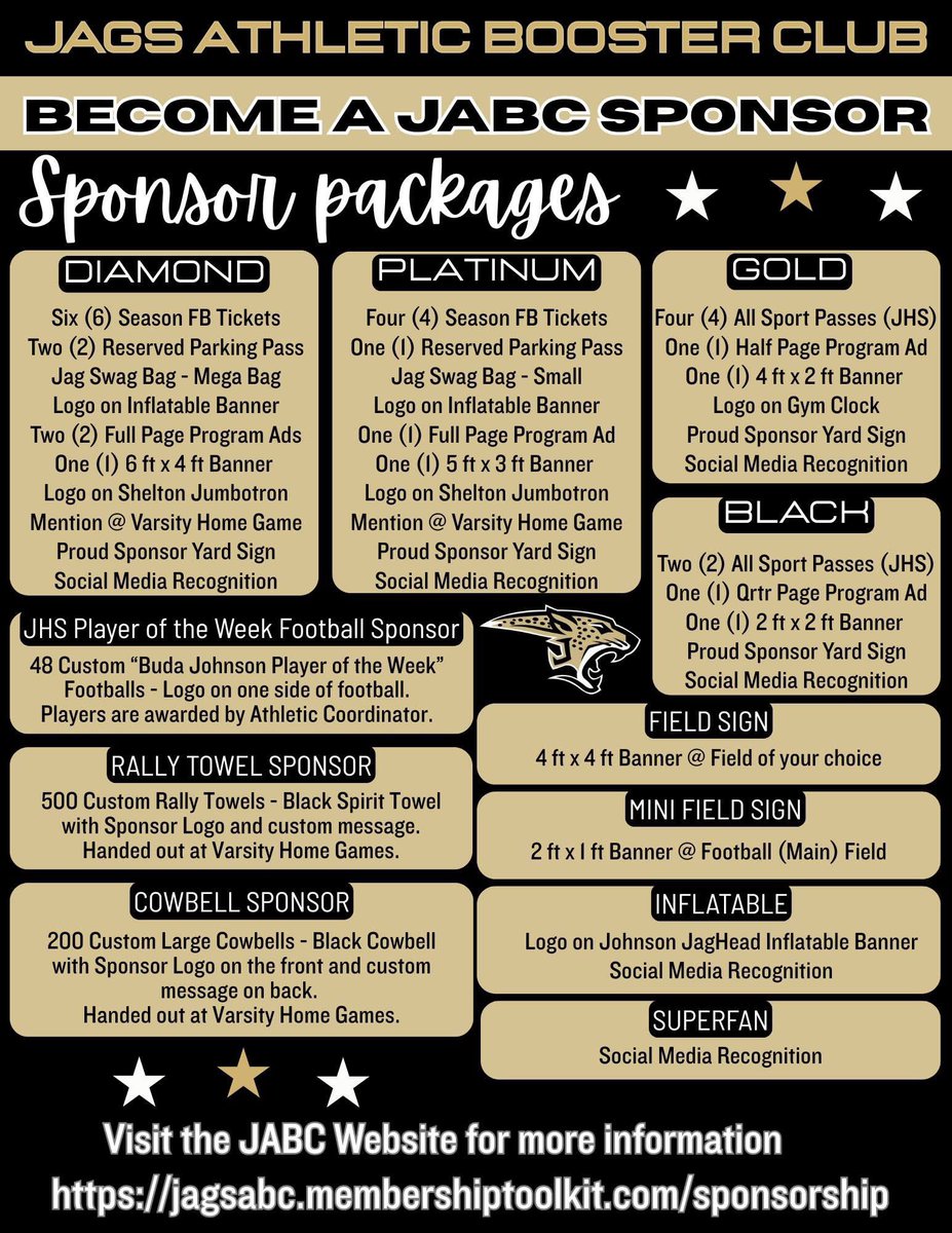 JagsClub's tweet image. The JABC is excited to kick off the 25–26 school year offering exciting sponsorship opportunities.
Some sponsorships are time-sensitive, with deadlines like Program Ads Cowbells & Rally Towels!
For more information check out our website. jagsabc.membershiptoolkit.com/sponsorship