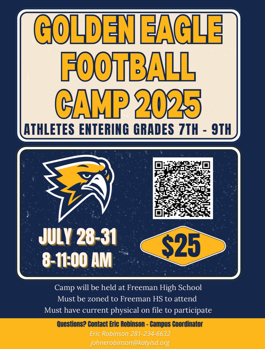 Freeman High School Football (@fhsgoldfootball) on Twitter photo Calling all 7th, 8th and 9th Grade future Golden Eagles ๐ฆ
โฆ
Come learn to play football the GOLDEN EAGLE WAYโผ๏ธ
๐
July 28-31
๐ฐ๏ธ 8:00am- 11:00am
๐Freeman Football Field
๐ป katyisd.revtrak.net/high-schools/fโฆ
<a href="/nelsonjh_hawks/">Nelson Junior High</a> <a href="/HaskettJH/">Haskett Junior High</a> Calling all 7th, 8th and 9th Grade future Golden Eagles ๐ฆ
โฆ
Come learn to play football the GOLDEN EAGLE WAYโผ๏ธ
๐
July 28-31
๐ฐ๏ธ 8:00am- 11:00am
๐Freeman Football Field
๐ป katyisd.revtrak.net/high-schools/fโฆ
<a href="/nelsonjh_hawks/">Nelson Junior High</a> <a href="/HaskettJH/">Haskett Junior High</a>