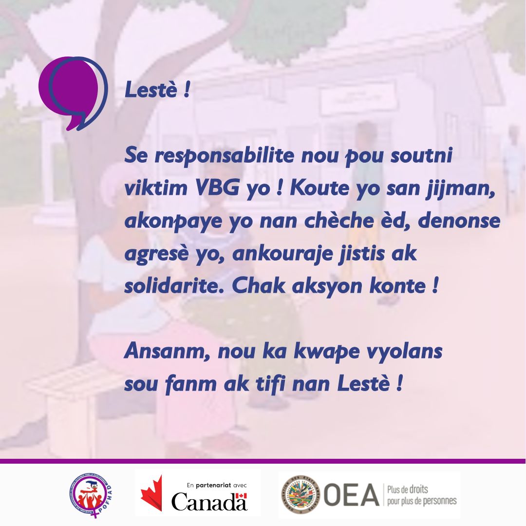 pofhad's tweet photo. Dans le cadre du projet d'appui à la lutte contre les violences basées sur le genre (VBG) au niveau de la commune de L’Estère, mis en œuvre avec l’appui financier de l’Organisation des États Américains (OEA) et en partenariat avec le Gouvernement du Canada, à travers le programme https://t.co/AVU1w4CkOD