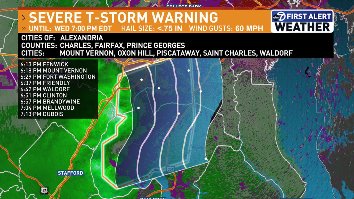 jordanevanswx's tweet image. Severe T-Storm Warning for parts of Alexandria City, Charles, Prince George's counties until 7 p.m. for possible wind gusts up to 60 mph. @7NewsDC