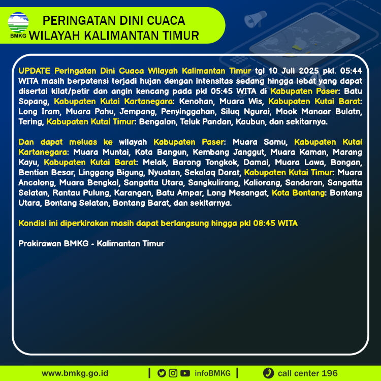 infoBMKG's tweet photo. Update Peringatan Dini Cuaca Wilayah - Kalimantan Timur Tgl. 10 Juli 2025 pkl. 05:45 WITA
Prakirawan - BMKG - Kalimantan Timur
https://t.co/A3gur0WWkC https://t.co/DcYpt0VxCB