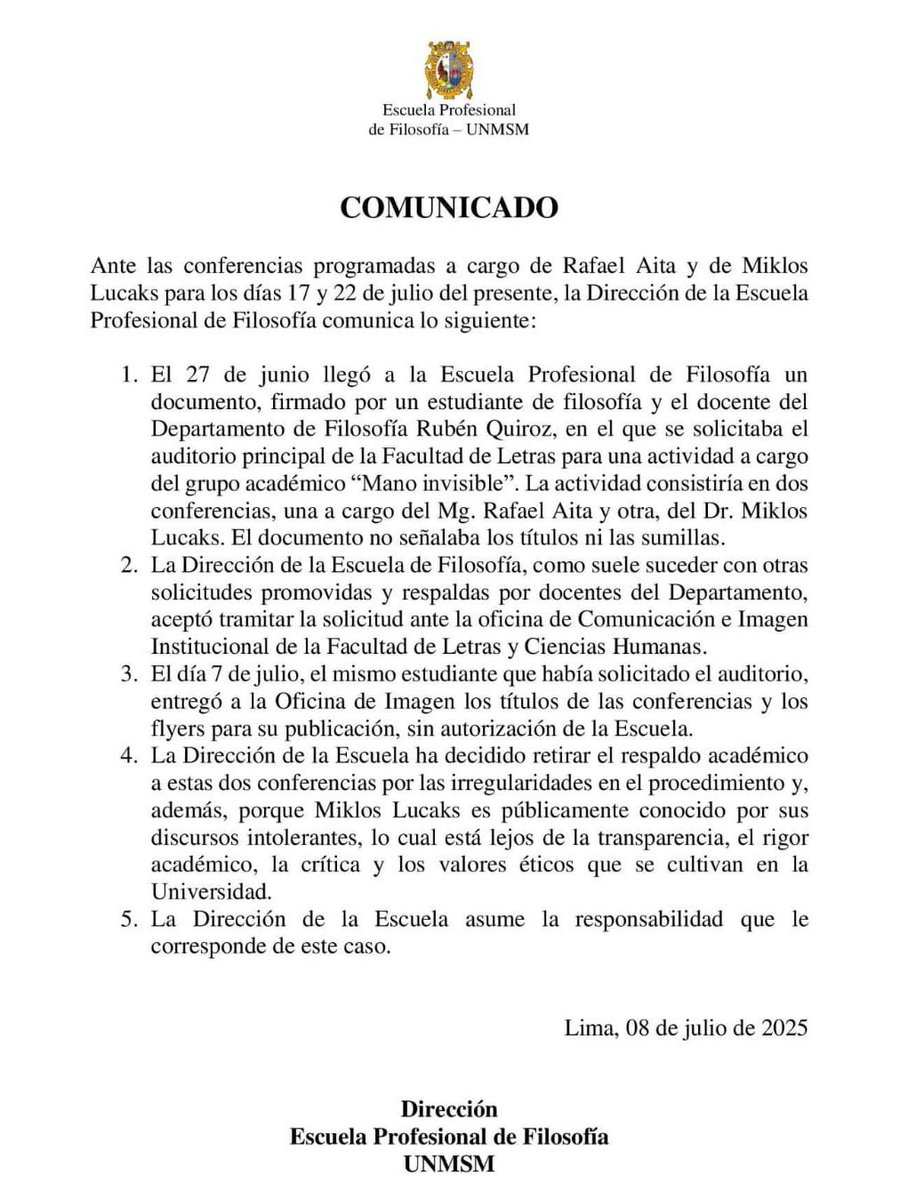 capitanperuano's tweet image. Esta es la carta con la que la Dirección de Filosofía ha censurado mi charla en @UNMSM_. En la carta se mencionan las razones por qué se censuró a @mlukacs ¡pero no se mencionan por qué se canceló la mía! ¿Me metieron en su censura de taquito?
