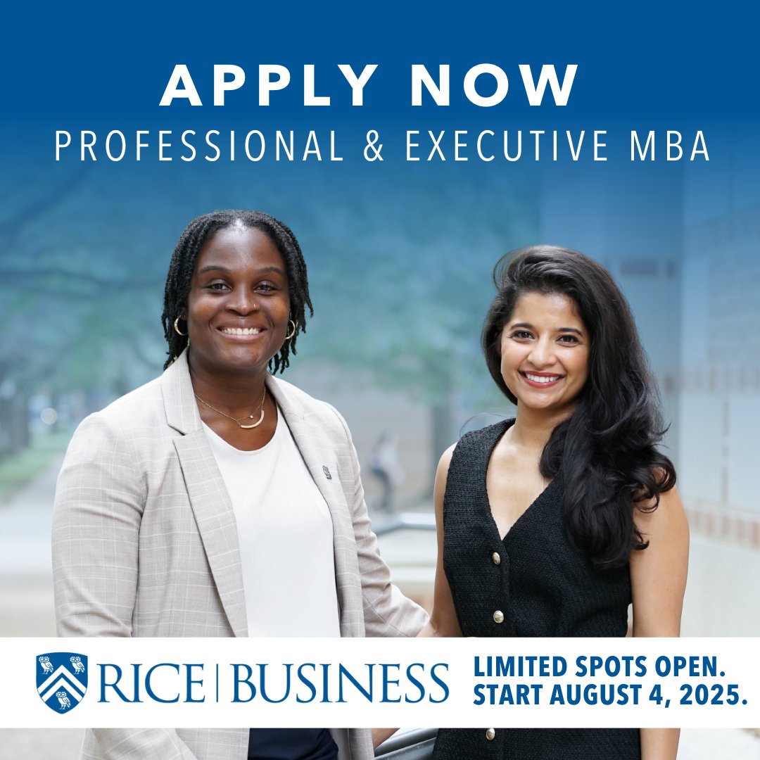 The application deadline for our Executive MBA and Professional MBA programs has been extended — on a space-available basis.

Don’t wait. Start your application today and take the next step toward your goals.
Apply now ➞ business.rice.edu/apply