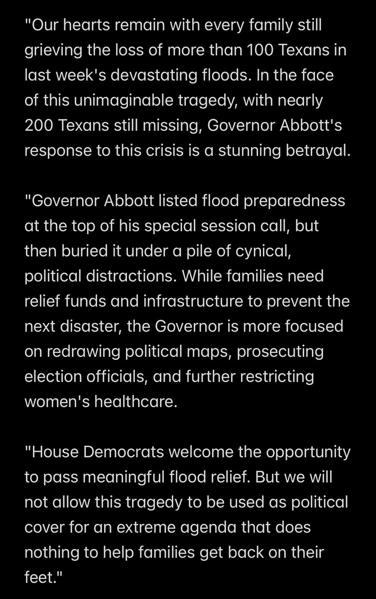 Quote from <a href="/TexasHDC/">Texas House Democrats</a> Chair <a href="/GeneforTexas/">Gene Wu</a> on the 89(1) call that includes flood response and congressional redistricting. #txlege