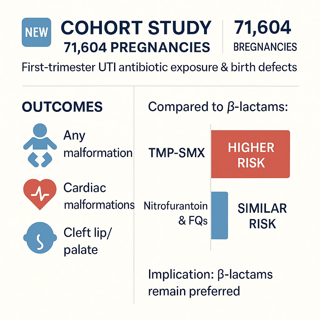 🆕💫Cohort study of 71 604 pregnancies with first-trimester antibiotic exposure for UTI, the risk of any malformation,cardiac malformations, and cleft lip and palate was higher for TMP-SMX vs β-lactams &amp; similar for nitrofurantoin and FQs vs β-lactams.
jamanetwork.com/journals/jaman…