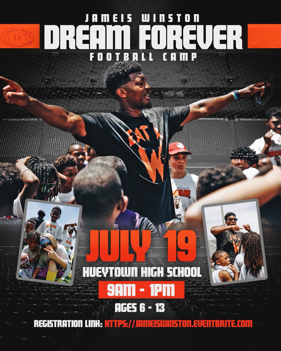 Mark your calendars! The highly anticipated "Dream Forever" Football Camp, hosted by Jameis Winston, is scheduled for July 19th at Hueytown High School. From 9am-1pm, young athletes aged 6-13 will participate in fundamental drills designed to foster a strong football foundation.