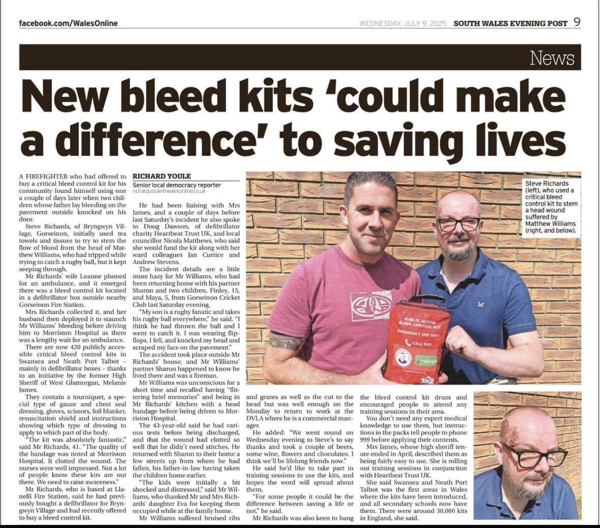 Former High Sheriff of West Glamorgan (@hsofwestglam) on Twitter photo ❤️🩹Great to see this remarkable story in tonight’s Evening Post of our first Critical Bleed Control Kit to be used in West Glamorgan featuring our local Super heroes Steve, Matthew and Doug 🙏 Lifesavers ❤️🩹
All helping to keep us safe ❤️🩹
<a href="/lynnebaird8/">Dr Lynne Baird MBE</a>
<a href="/SwanseaCouncil/">Swansea Council</a>
<a href="/mawwfire/">Tân CGC / MAWW Fire</a> ❤️🩹Great to see this remarkable story in tonight’s Evening Post of our first Critical Bleed Control Kit to be used in West Glamorgan featuring our local Super heroes Steve, Matthew and Doug 🙏 Lifesavers ❤️🩹
All helping to keep us safe ❤️🩹
<a href="/lynnebaird8/">Dr Lynne Baird MBE</a>
<a href="/SwanseaCouncil/">Swansea Council</a>
<a href="/mawwfire/">Tân CGC / MAWW Fire</a>