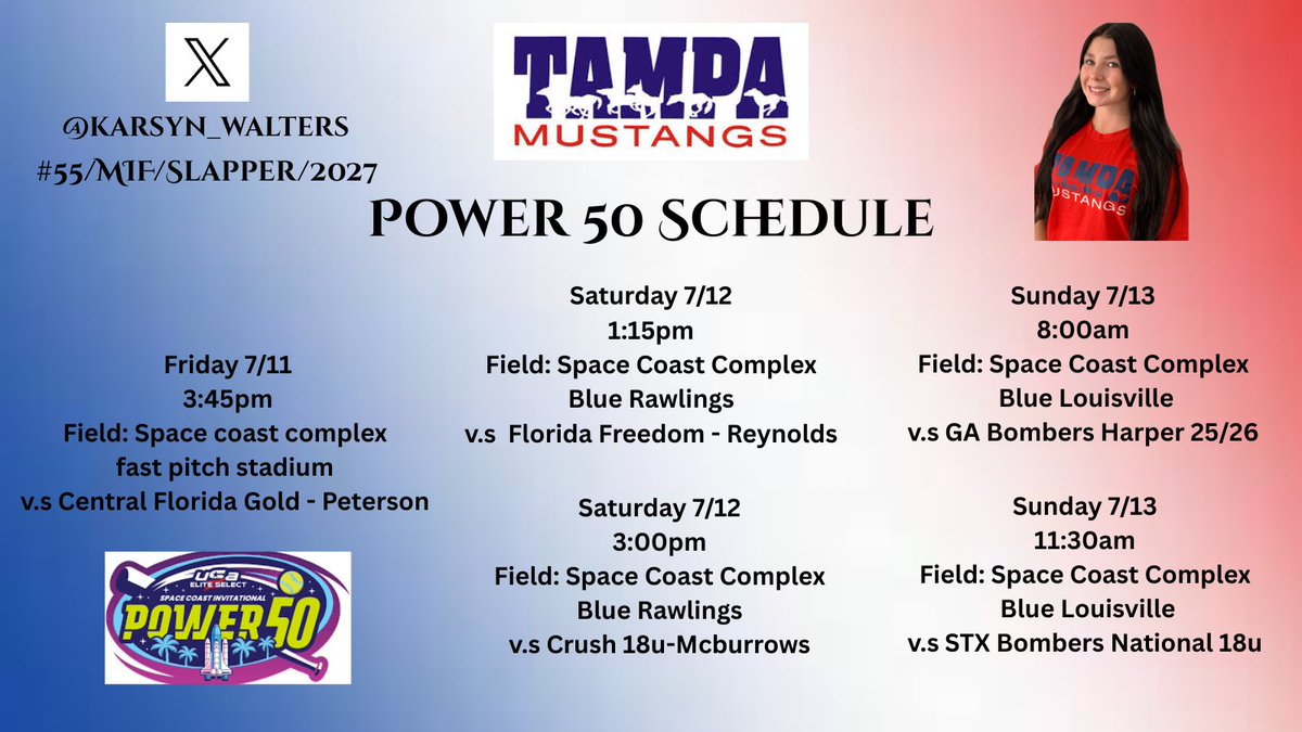 Karsyn Walters-Uncommitted-2027 (@karsyn_walters) on Twitter photo Getting ready to head to Viera, Fl for the power 50💪
Check out the stang’s schedule below and come stop by 🐎
<a href="/Tampa_mustangs/">Tampa Mustangs_Affrunti/Hancock</a> Getting ready to head to Viera, Fl for the power 50💪
Check out the stang’s schedule below and come stop by 🐎
<a href="/Tampa_mustangs/">Tampa Mustangs_Affrunti/Hancock</a>