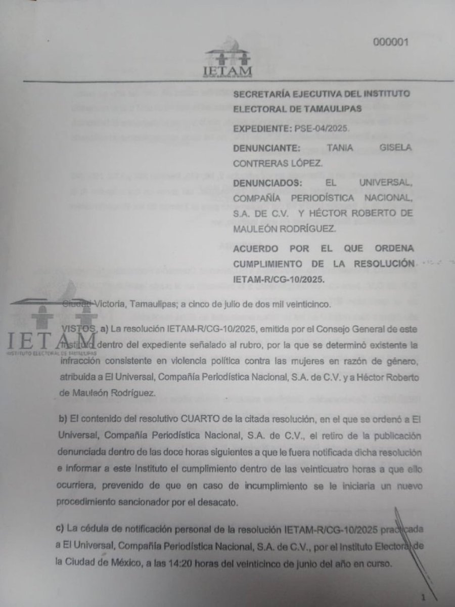 🚨 IEE TAMAULIPAS PRESIONA A HÉCTOR DE MAULEÓN Y EL UNIVERSAL

El Instituto Electoral de Tamaulipas insiste en que se elimine en 12 horas la columna sobre huachicol escrita por <a href="/hdemauleon/">Héctor de Mauleón</a> en <a href="/El_Universal_Mx/">El Universal</a>.

Amenaza con nuevas sanciones si no se retira.
¿Censura institucional