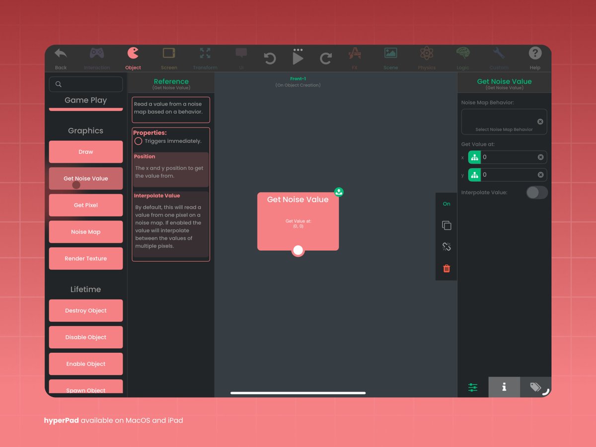 hyperPadApp's tweet image. Graphics section in Object Behaviour allow you to Draw, Get Noise Value, Get Pixel, Noise Map, and Render Texture.

Create a drawing game when you use Draw Behavior and Render Texture! Then set the graphic with Set Graphic behavior.

#ipad #visualcoding #indiegames #gamedev