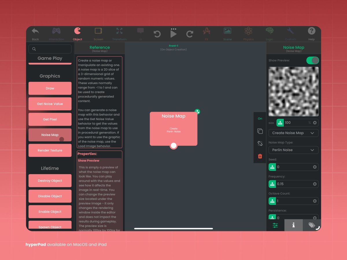 hyperPadApp's tweet image. Graphics section in Object Behaviour allow you to Draw, Get Noise Value, Get Pixel, Noise Map, and Render Texture.

Create a drawing game when you use Draw Behavior and Render Texture! Then set the graphic with Set Graphic behavior.

#ipad #visualcoding #indiegames #gamedev