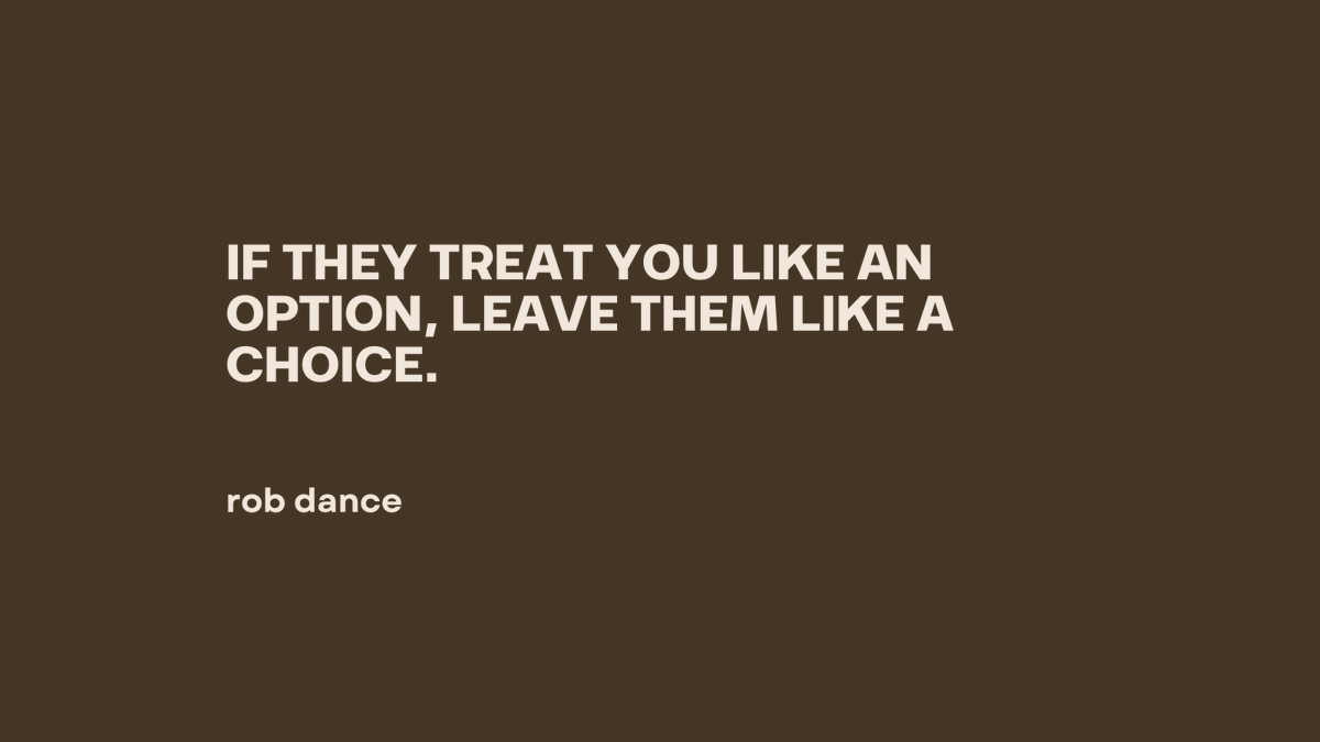 PaulCBrunson's tweet photo. If they treat you like an option, leave.
Not out of spite. Not to prove a point.
But because staying sends the message that you’re okay with it.

You’re not.

You deserve to be chosen.
To be prioritized.
To be loved out loud. Not just when it’s convenient.

And I know… walking away isn’t easy.
But holding on to someone who won’t hold you back?
That’s harder.

Choose yourself first.
Then watch how everything else changes.