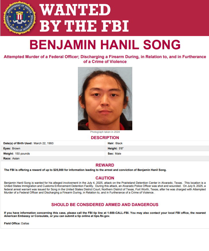 FBIDallas's tweet image. The FBI is seeking the public’s assistance in locating Benjamin Hanil Song and is offering a reward of up to $25,000 for information leading to his arrest and conviction. Please call 1-800-CALL-FBI or submit a digital tip to fbi.gov/prairieland