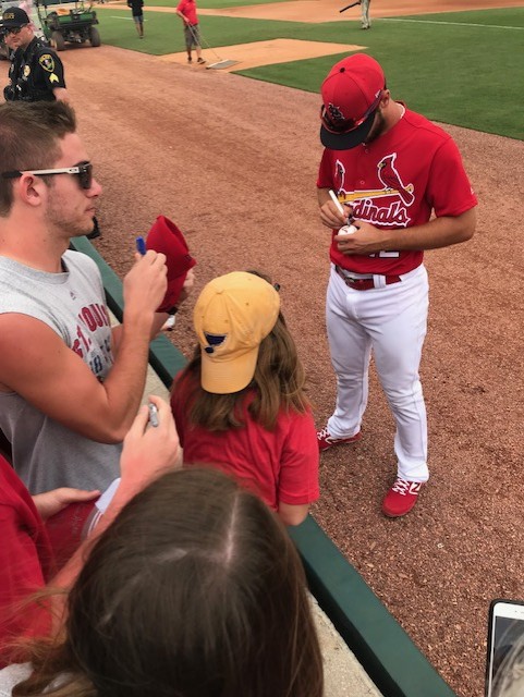 andybankertv's tweet image. Spring Training '19, Paulie D put a little girl in a Blues cap at the front of the autograph line:   
my daughter ... welcome "home" Paul !!  #ISUredbirds #ForTheLou #StLcards