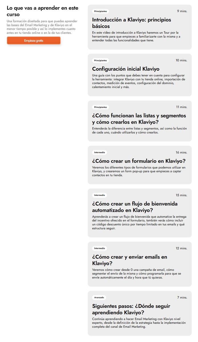 He creado un curso gratis de Klaviyo y Email Marketing con 7 lecciones en vídeo 👇

Configuración Klaviyo, creación de segmentos, formulario de captación, flujo de bienvenida, envío de campañas y más.

Te explico lo que necesitas saber para implementar las bases del Email