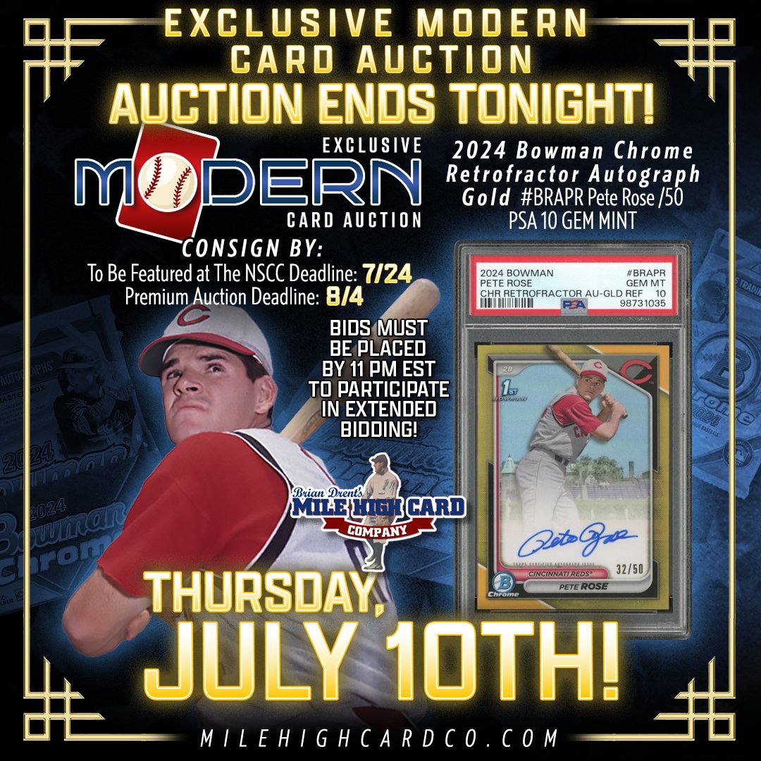 milehighcard's tweet image. π¨ ENDING TONIGHT! π¨
βΌοΈ THURSDAY, JULY 10TH!βΌοΈ
As our Exclusive Modern Card Auction ends TONIGHT, don't miss this beautiful, shining 2024 Bowman Chrome Retrofractor Autograph Gold Refractor #BRAPR Pete Rose /50 PSA 10 GEM MINT!ββΎ
π¨ BID NOW! π¨
tinyurl.com/2024bowmanrose
#MHCC