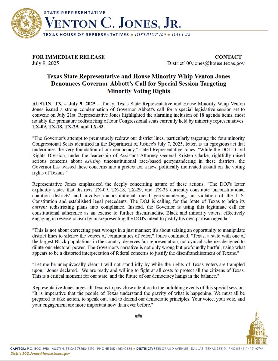 VentonJonesTX's tweet image. Please see my statement on Governor Abbott’s call for special session targeting minority voting rights. The time for action is NOW! #TxLege