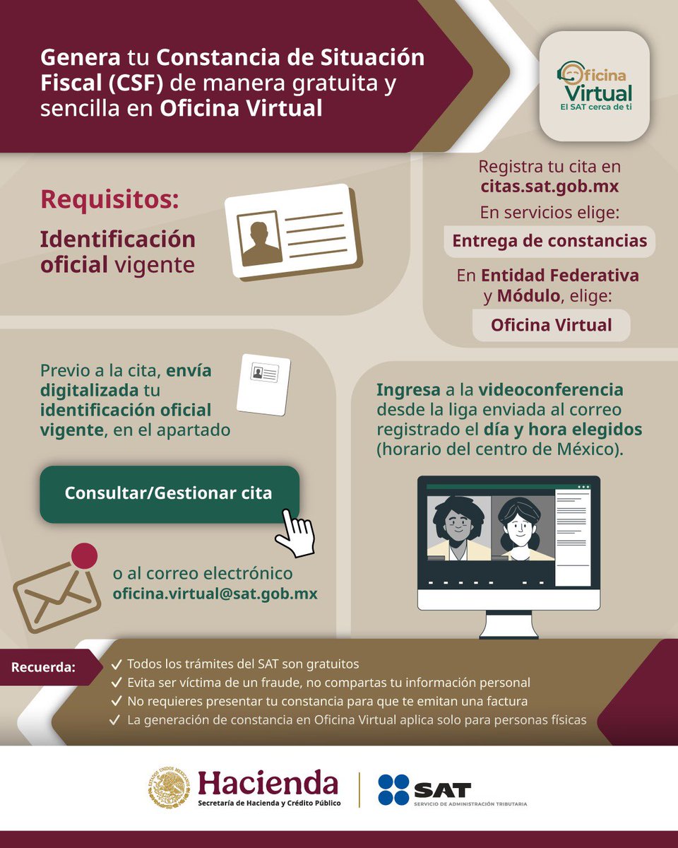 Gracias a la simplificación y digitalización del SAT es muy fácil generar tu Constancia de Situación Fiscal (CSF) desde cualquier dispositivo móvil.

Conoce los pasos para generarla en Oficina Virtual.

Registra tu cita aquí: citas.sat.gob.mx