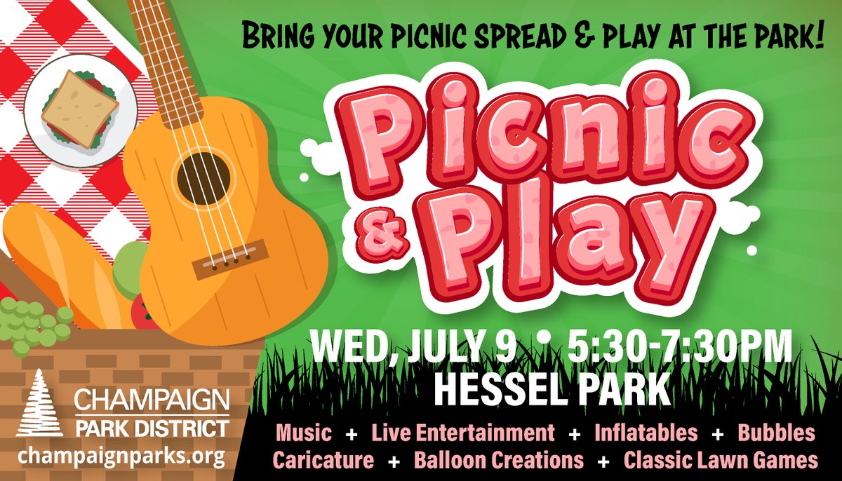 Champaign Park District (@champark) on Twitter photo Picnic & Play is starting NOW at Hessel Park! ๐งบ๐
We have inflatables, bubbles, balloon creations, lawn games, live music and so much more. Don't miss out!
โฐ5:30 - 7:30pm
๐ Hessel Park Picnic & Play is starting NOW at Hessel Park! ๐งบ๐
We have inflatables, bubbles, balloon creations, lawn games, live music and so much more. Don't miss out!
โฐ5:30 - 7:30pm
๐ Hessel Park