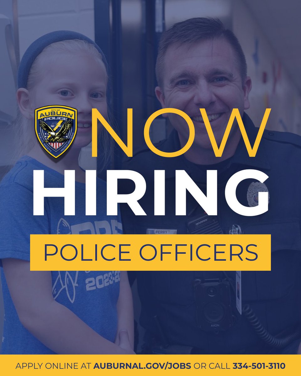 👮‍♀️ The Auburn Police Department (APD) is currently hiring full-time police officers! No degree or prior experience is required.

To learn more about this opportunity, speak with one of our recruiters today at 334-501-3110 or apply online at auburnal.gov/jobs