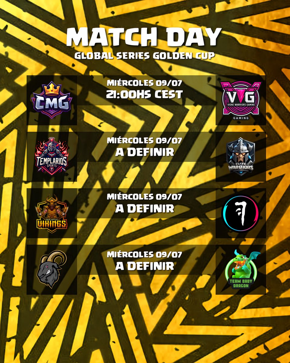 Global Series (@ggseriesok) on Twitter photo 🇪🇸 | GSGC
Match Day
<a href="/CMG_EsportsCR/">CMG E-Sport</a> 🆚 <a href="/VigneWarriorsG/">Vigne Warriors Gaming</a>
<a href="/TemplariosEGS/">Templarios Esports</a> 🆚 @EliteWarriors__
<a href="/TeamVikings_CR/">VIKINGS</a> 🆚 <a href="/HuntersClub__/">Hunters🐊</a>
<a href="/FtvCanarias/">FTVCanarias</a> 🆚 <a href="/BABYDRAGON_ES/">TEAM BABY DRAGON 🐲</a>
Se preparan los equipos del grupo E y F para combatir en busca de la clasificación a la fase 02.
#GGSGC 🇪🇸 | GSGC
Match Day
<a href="/CMG_EsportsCR/">CMG E-Sport</a> 🆚 <a href="/VigneWarriorsG/">Vigne Warriors Gaming</a>
<a href="/TemplariosEGS/">Templarios Esports</a> 🆚 @EliteWarriors__
<a href="/TeamVikings_CR/">VIKINGS</a> 🆚 <a href="/HuntersClub__/">Hunters🐊</a>
<a href="/FtvCanarias/">FTVCanarias</a> 🆚 <a href="/BABYDRAGON_ES/">TEAM BABY DRAGON 🐲</a>
Se preparan los equipos del grupo E y F para combatir en busca de la clasificación a la fase 02.
#GGSGC