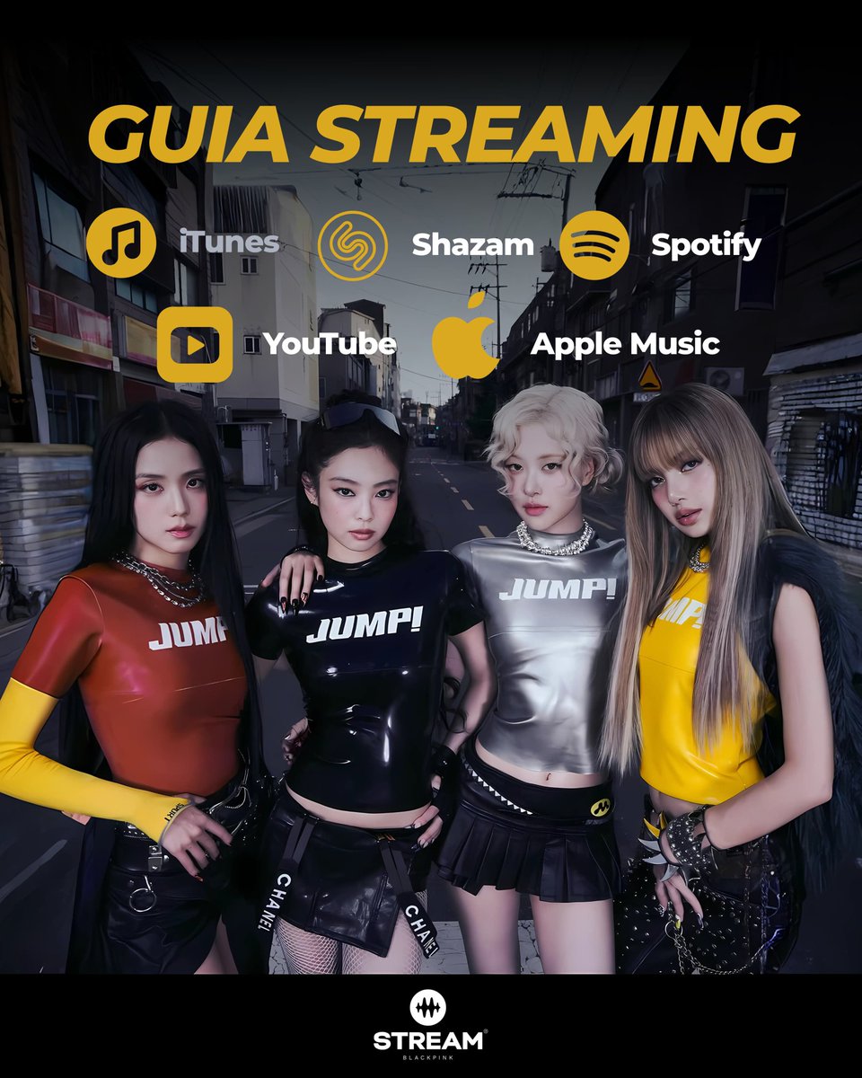 stream_bp's tweet image. 💛 GUIA DE STREAMING JUMP
Prepare-se conosco para o novo single do #BLACKPINK e saiba como dar stream corretamente para que, juntos, possamos dar um bom debut para a música nos principais charts globais 🔥
JUMP OUT ON FRIDAY
#BLACKPINKisComing