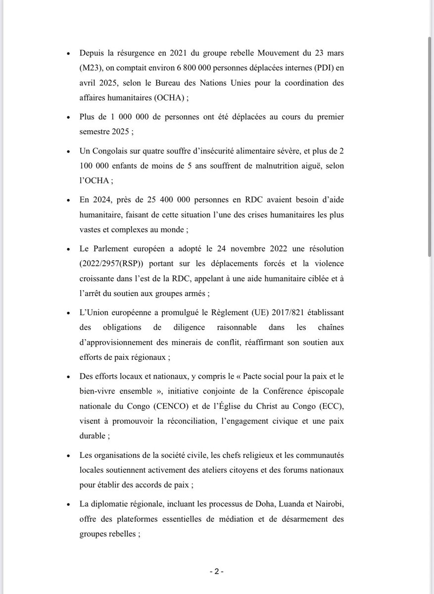 StanysBujakera's tweet image. #RDC: La résolution encourage notamment 👇

📌 un dialogue national inclusif, dirigé et facilité par la CENCO et l’ECC

📌 une résolution pacifique des tensions entre la RDC et le Rwanda

📌la cessation de tout soutien étatique aux groupes armés non étatiques

📌 le respect de la…