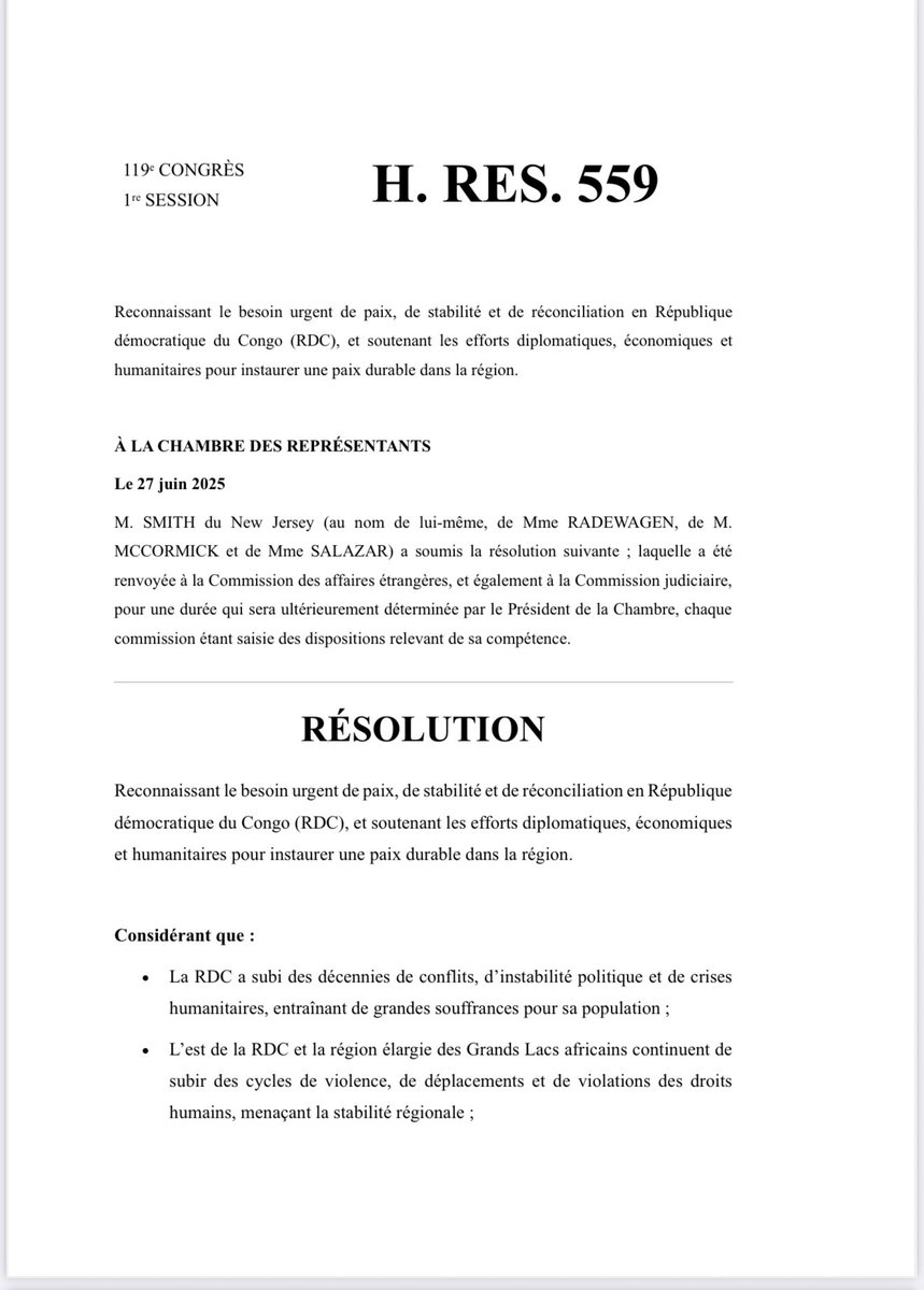 StanysBujakera's tweet image. #RDC: La résolution encourage notamment 👇

📌 un dialogue national inclusif, dirigé et facilité par la CENCO et l’ECC

📌 une résolution pacifique des tensions entre la RDC et le Rwanda

📌la cessation de tout soutien étatique aux groupes armés non étatiques

📌 le respect de la…