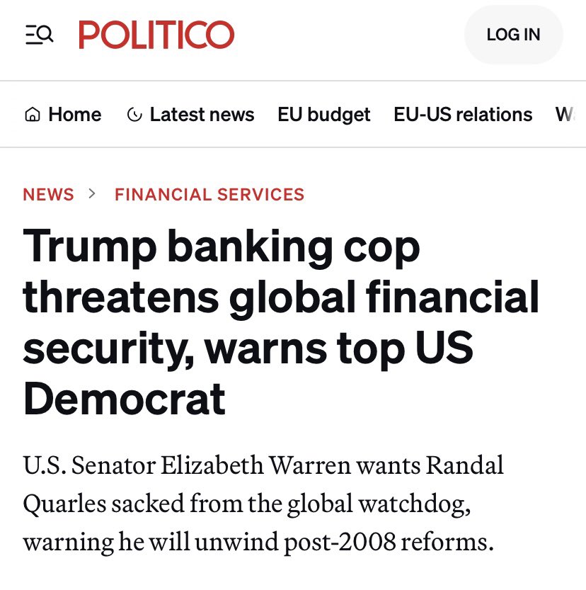 SenThomTillis's tweet image. Warren’s insinuation that Randy Quarles somehow weakened the Fed’s ability to spot the most elementary of risks – duration risk – on a bank’s balance sheet falls flat in the face of reason. Randy is immensely qualified to serve on the Financial Stability Board and I will be…