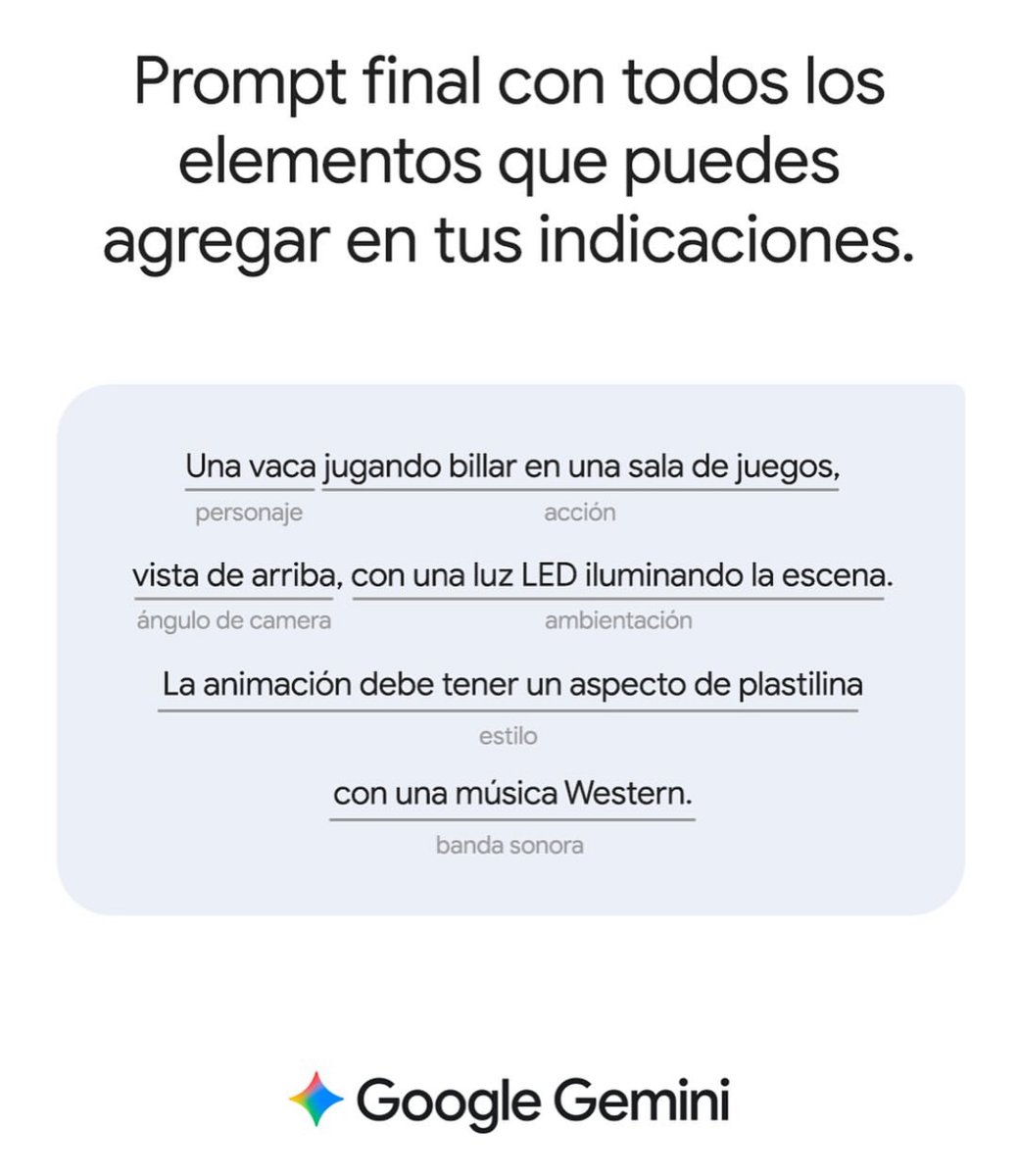 🎬¡GUARDA este PROMPT para crear VIDEOS en GEMINI!

Ve a goo.gle/PruebaGeminiIA y escribe:

1️⃣¿Quién o qué es el personaje principal?
2️⃣¿Qué está haciendo?
3️⃣¿Dónde está?
4️⃣¿Cuál es el ángulo de la cámara?
5️⃣¿Cuál es la estética?
6️⃣¿Cuál es la música?

¿Qué video harías tú?🤔👇