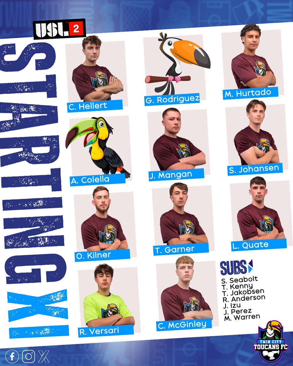 Your starting XI are ready to fly tonight! No brakes. No backing down. Only forward. 🏃‍♂️💨

#TwinCityToucans #USL2 #Bryan #CollegeStation #Soccer #BrazosValley #Toucans #BCS #Futbol