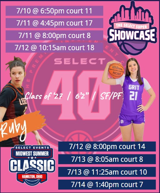 Ruby_Davis (@rubydavis2027) on Twitter photo I’m playing in the Select 40 Tournaments in Hamilton, OH, going up against some of the best club teams in the country. Come see me hoop! 🏀
<a href="/grithoops/">GRIT</a> <a href="/LadyTitanSwish/">Legend Girls Basketball</a> <a href="/PGHColorado/">Prep Girls Hoops Colorado</a> <a href="/SelectEventsBB/">Select Events Basketball</a> <a href="/girlsbballco/">GIRLS BASKETBALL COLORADO</a> <a href="/byuwbb/">BYU Women's Hoops</a> <a href="/USUWBasketball/">USU Women's Hoops</a> <a href="/UTAHWBB/">Utah Women’s Basketball</a> I’m playing in the Select 40 Tournaments in Hamilton, OH, going up against some of the best club teams in the country. Come see me hoop! 🏀
<a href="/grithoops/">GRIT</a> <a href="/LadyTitanSwish/">Legend Girls Basketball</a> <a href="/PGHColorado/">Prep Girls Hoops Colorado</a> <a href="/SelectEventsBB/">Select Events Basketball</a> <a href="/girlsbballco/">GIRLS BASKETBALL COLORADO</a> <a href="/byuwbb/">BYU Women's Hoops</a> <a href="/USUWBasketball/">USU Women's Hoops</a> <a href="/UTAHWBB/">Utah Women’s Basketball</a>