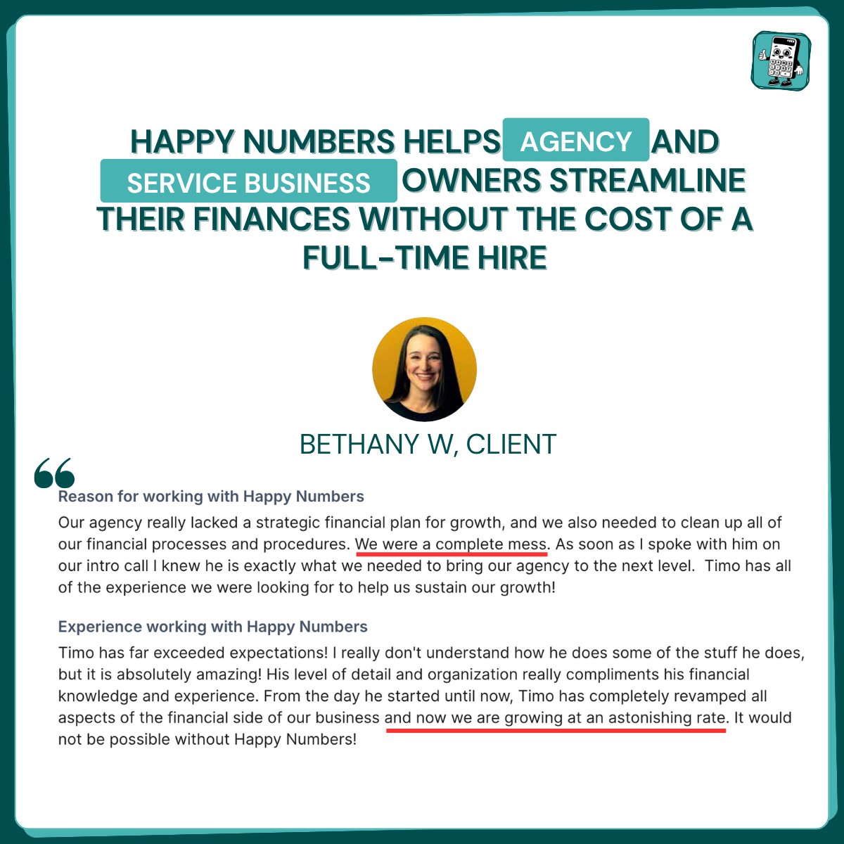 Timo Biet from Happy Numbers
- Helps agency and service business owners streamline their finances without the cost of a full-time hire

💡 "Our agency really lacked a strategic financial plan for growth, and we also needed to clean up all of our financial processes and