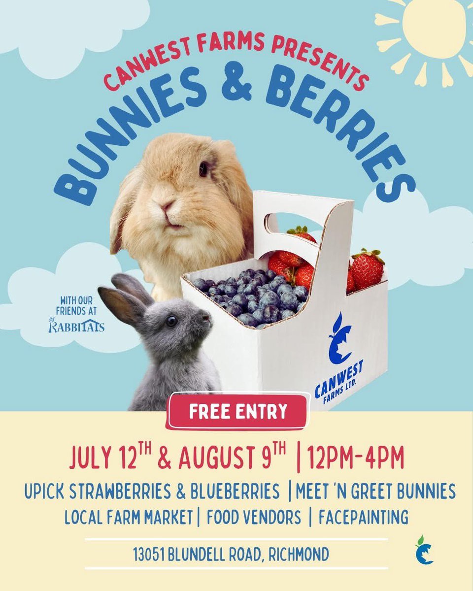 RabbitatsRescue's tweet image. Did you hear? Bunnies & Berries is back at @CanWestFarms Ltd!
Join us Sat, July 12th & Sat, August 9th for a fun time!! Enjoy U-Pick blueberries🫐 & strawberries🍓, a Bunny Meet n’ Treat, & more!!
Event runs noon-4p at 13501 Blundell Road in Richmond, BC🇨🇦. See you there!