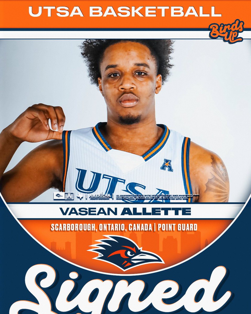 UTSAMBB's tweet image. Another announcement for the Roadrunners today, as UTSA welcomes transfer guard Vasean Allette to next year's squad!
📰 utsa.pro/4kuOF7c
#BirdsUp🤙 | #LetsGo210