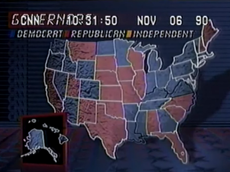 ElectionVintage's tweet image. CNN&apos;s map of governor&apos;s mansions by party going into the 1990 midterm elections.