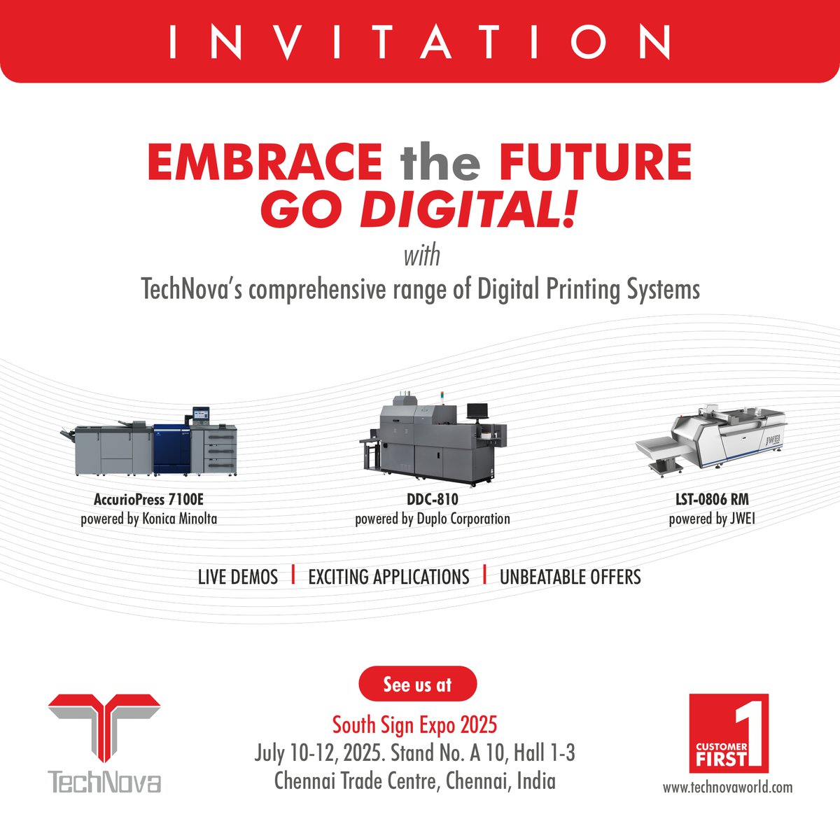 TechNovaWorld's tweet image. Embrace the Future. Go Digital!
Join us at South Sign Expo 2025 to explore powerful digital printing systems.
📅 July 10–12 | 📍 Stand A10, Hall 1–3, Chennai Trade Centre

#technova #superchargeyourprint #jwei #duplo #konicaminolta