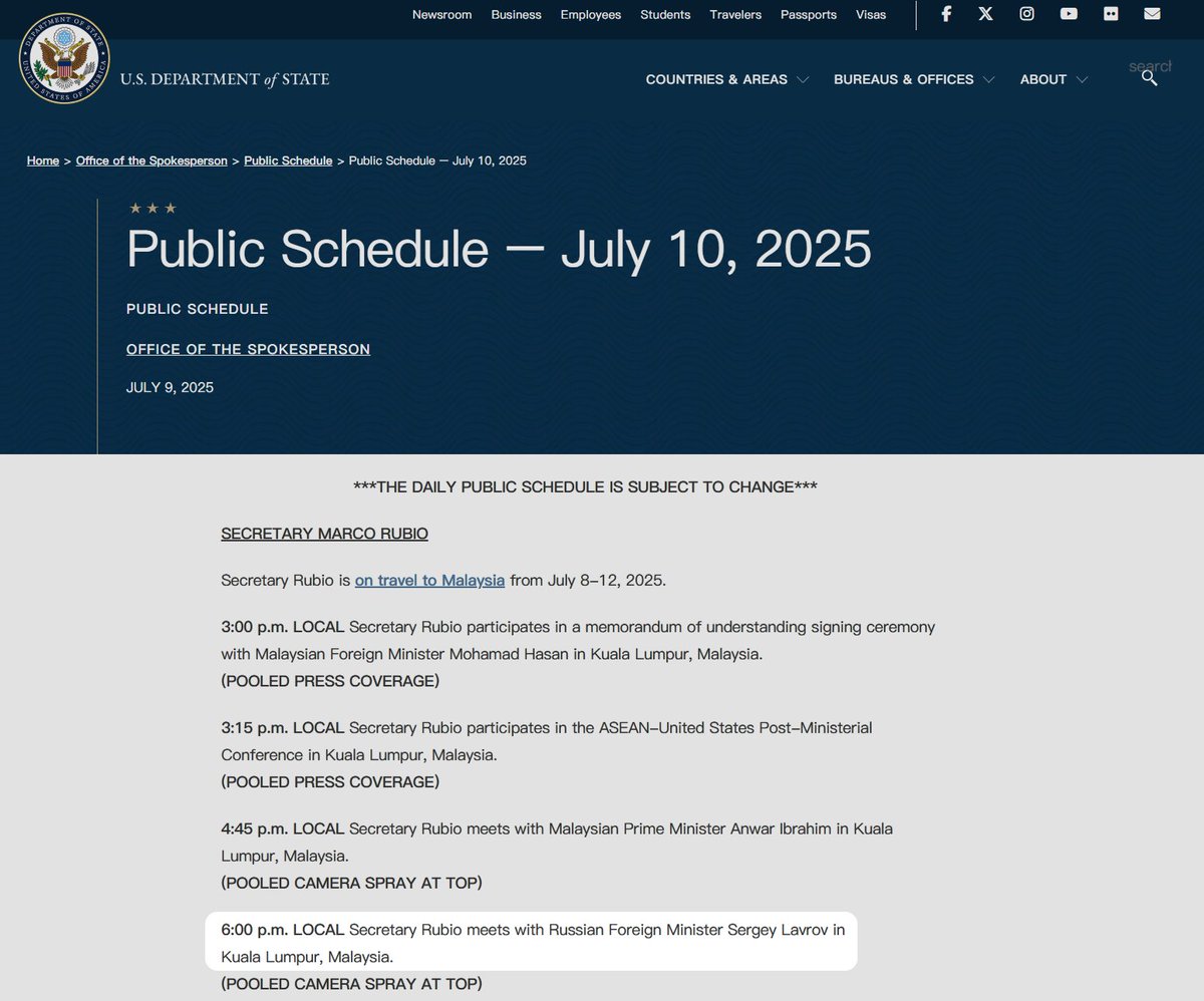 美国务院日程表显示，美国国务卿鲁比奥在上任后首次访问亚洲，将在吉隆坡时间18:00（北京时间18:00）与俄罗斯外长拉夫罗夫举行会晤。