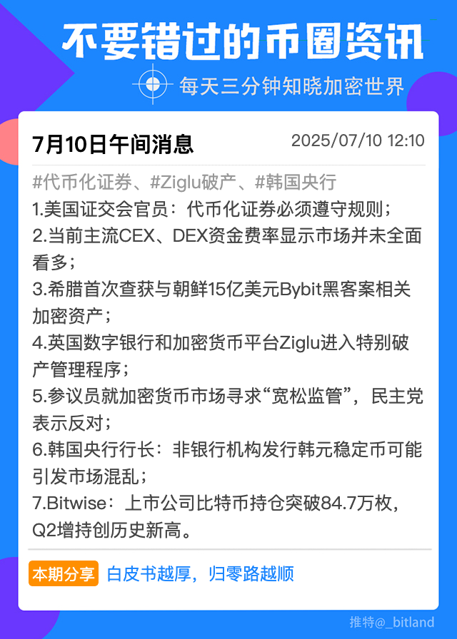 _bitland's tweet photo. 【7月10日午间不要错过的币圈消息】
#代币化证券、#Ziglu破产、#韩国央行 
1.美国证交会官员：代币化证券必须遵守规则； 
2.当前主流CEX、DEX资金费率显示市场并未全面看多； 
3.希腊首次查获与朝鲜15亿美元Bybit黑客案相关加密资产； 
4.英国数字银行和加密货币平台Ziglu进入特别破产管理程序； 
5.参议员就加密货币市场寻求“宽松监管”，民主党表示反对； 
6.韩国央行行长：非银行机构发行韩元稳定币可能引发市场混乱； 
7.Bitwise：上市公司比特币持仓突破84.7万枚，Q2增持创历史新高。