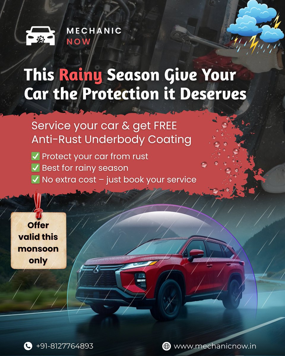 mechanic_now's tweet image. Don't let the rain rust your ride! 

This monsoon, get a FREE Anti-Rust Underbody Coating with every car service at #MechanicNow! 
✅ Rust protection
✅ No extra cost
✅ Limited-time offer

#MonsoonCarCare #AntiRust #CarServiceOffer #RainReady #UnderbodyCoating