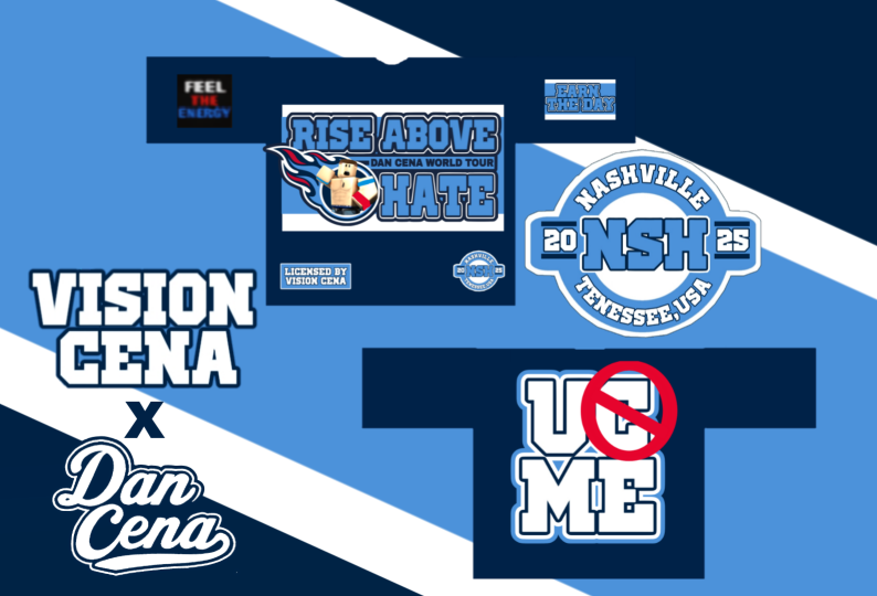 WWEJohnCenaRBLX's tweet photo. 🚨 NEW DROP ALERT 🚨Nashville, Tennessee — get ready for the ultimate fusion! Dan Cena x Vision Cena collide in a limited-edition merch collection inspired by  Available only in Nashville — once it’s gone, it’s GONE. #DanCenaxVision  #THECHAMPISHERE @VishTrey14  @ROBLOXWWE2025 https://t.co/59HQcT0wgG