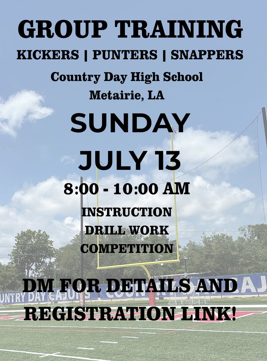 tgrussolino's tweet image. **SPECIALISTS**
New Orleans and surrounding areas!
Sunday Group Training Session!
JULY 13
8-10 AM
📍Metairie, LA
LEARN | IMPROVE | COMPETE
#NewOrleans #Kicker #Punter #RussolinoTraining