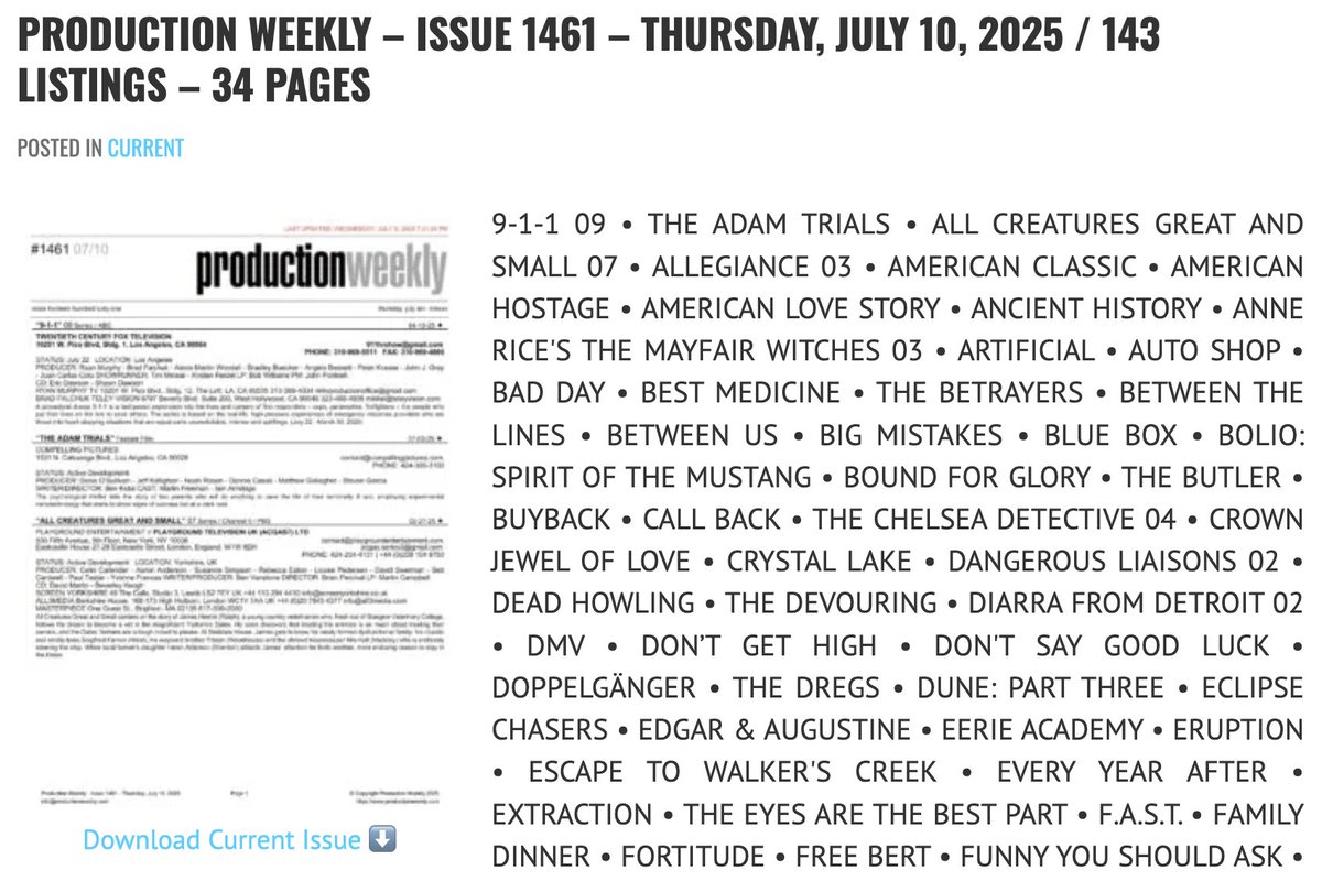 prodweek's tweet image. Production Weekly - Issue 1461 - Thursday, July 10, 2025 / 143 Listings - 34 Pages

Download Current Issue ⬇️

productionweekly.com/production-wee…